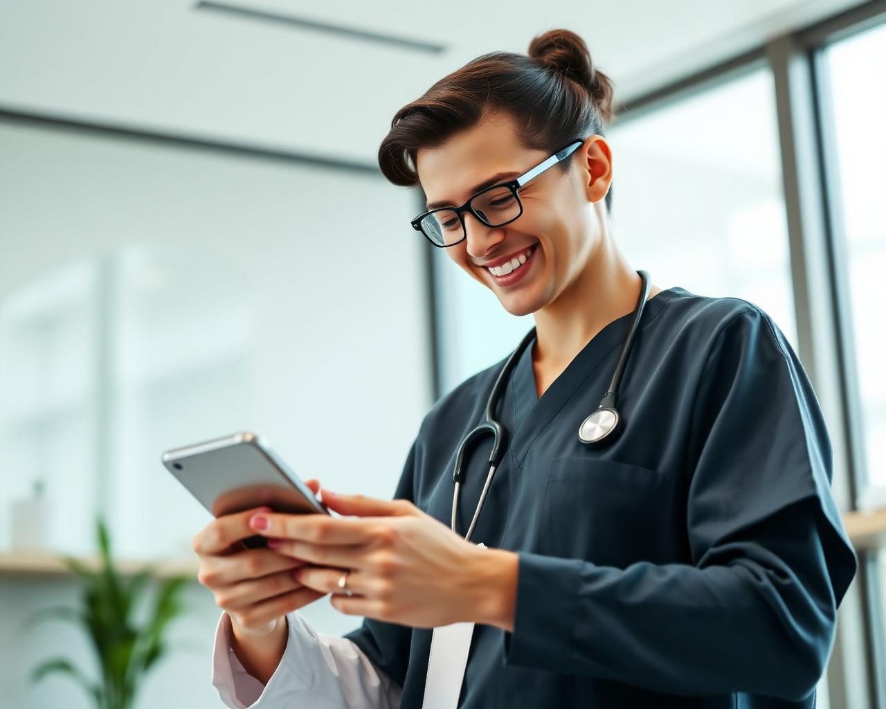 Médica sorrindo ao receber avaliações 5 estrelas no celular